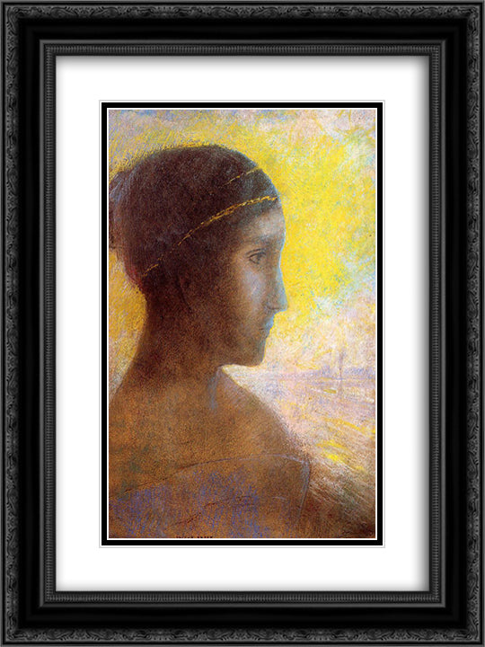 Head of a Young Woman in Profile 18x24 Black Ornate Wood Framed Art Print Poster with Double Matting by Redon, Odilon
