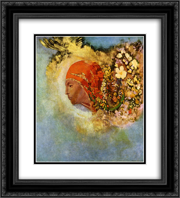 Head with Flowers 20x22 Black Ornate Wood Framed Art Print Poster with Double Matting by Redon, Odilon
