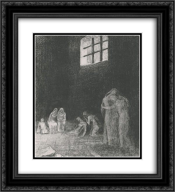 In the shadow people are weeping and praying, surrounded by others who are exhorting them (plate 6) 20x22 Black Ornate Wood Framed Art Print Poster with Double Matting by Redon, Odilon