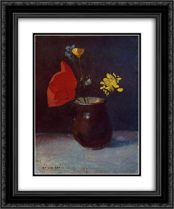 Pitcher of Flowers 20x24 Black Ornate Wood Framed Art Print Poster with Double Matting by Redon, Odilon