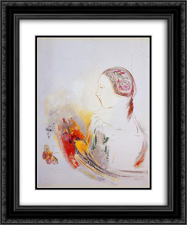 Profile of a Child (Profile of a Girl with Bird of Paradise) 20x24 Black Ornate Wood Framed Art Print Poster with Double Matting by Redon, Odilon