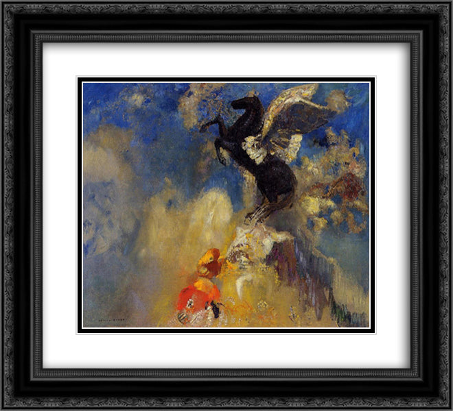 The Black Pegasus 22x20 Black Ornate Wood Framed Art Print Poster with Double Matting by Redon, Odilon
