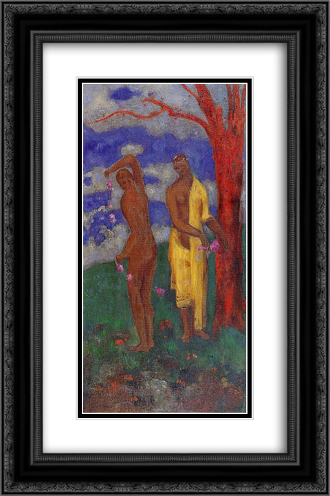 Two Women under a Red Tree 16x24 Black Ornate Wood Framed Art Print Poster with Double Matting by Redon, Odilon