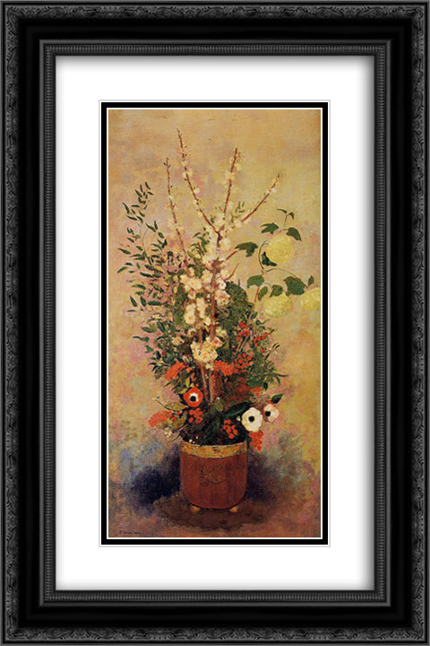 Vase of Flowers with Branches of a Flowering Apple Tree 16x24 Black Ornate Wood Framed Art Print Poster with Double Matting by Redon, Odilon