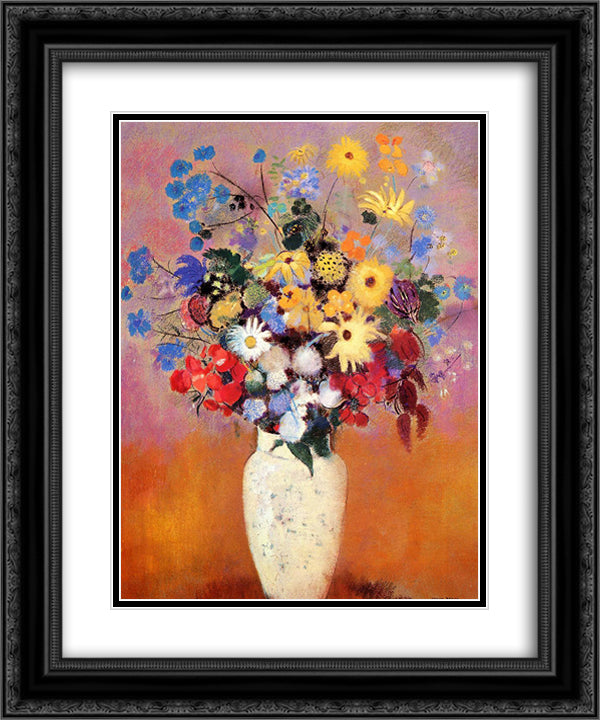 White Vase with Flowers 20x24 Black Ornate Wood Framed Art Print Poster with Double Matting by Redon, Odilon