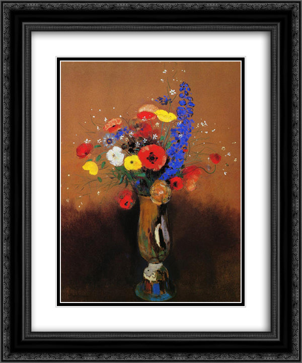 Wild flowers in a Long-necked Vase 20x24 Black Ornate Wood Framed Art Print Poster with Double Matting by Redon, Odilon