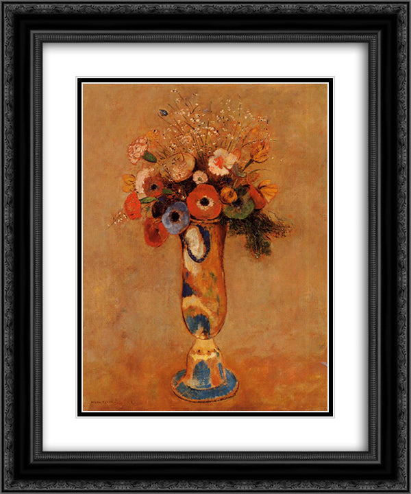 Wildflowers in a Long Necked Vase 20x24 Black Ornate Wood Framed Art Print Poster with Double Matting by Redon, Odilon