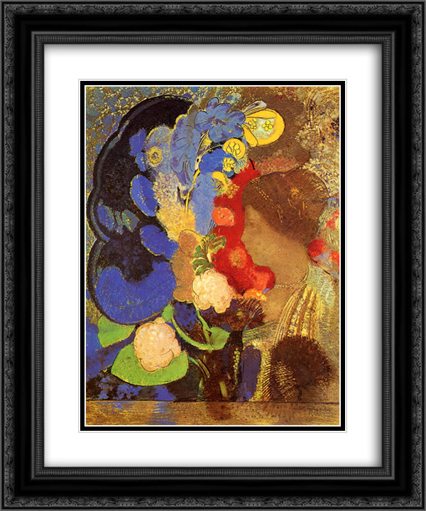 Woman among the Flowers 20x24 Black Ornate Wood Framed Art Print Poster with Double Matting by Redon, Odilon