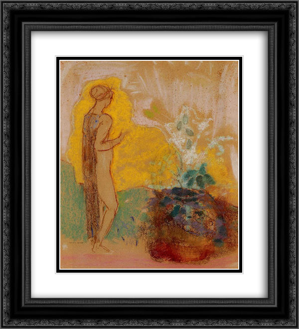 Woman and Stone Pot Full of Flowers 20x22 Black Ornate Wood Framed Art Print Poster with Double Matting by Redon, Odilon