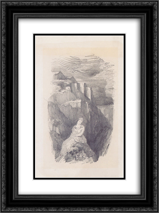 Woman and the mountain landscape 18x24 Black Ornate Wood Framed Art Print Poster with Double Matting by Redon, Odilon