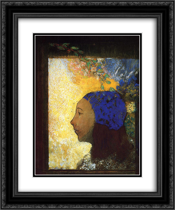 Young Girl in a Blue Bonnet 20x24 Black Ornate Wood Framed Art Print Poster with Double Matting by Redon, Odilon