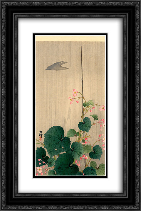 Bird and Begonias 16x24 Black Ornate Wood Framed Art Print Poster with Double Matting by Koson, Ohara