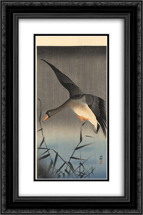 White-fronted goose descending over reeds 16x24 Black Ornate Wood Framed Art Print Poster with Double Matting by Koson, Ohara