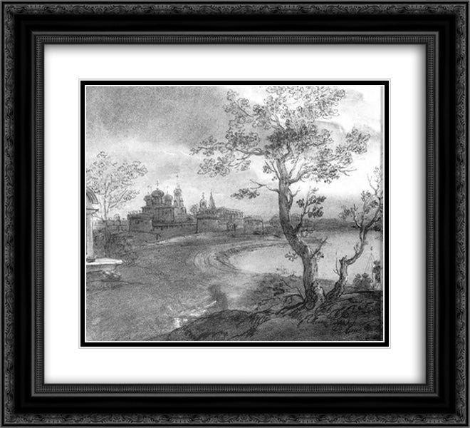 Landscape with a river on a moonlit night 22x20 Black Ornate Wood Framed Art Print Poster with Double Matting by Kiprensky, Orest