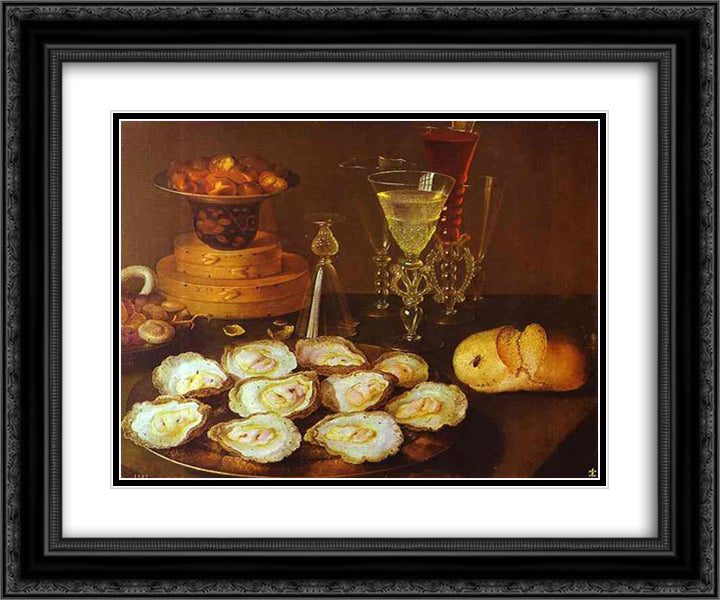 Oysters and Glasses 24x20 Black Ornate Wood Framed Art Print Poster with Double Matting by Beert, Osias