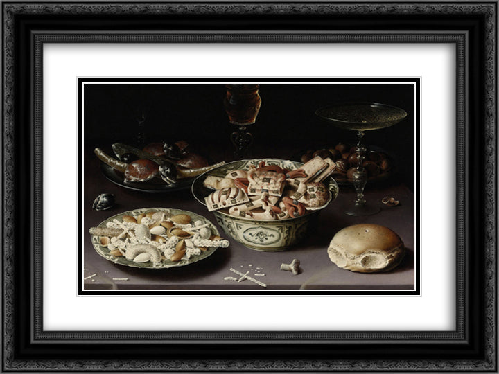 Three Dishes of Sweetmeats and Chestnuts with Three Glasses on a Table 24x18 Black Ornate Wood Framed Art Print Poster with Double Matting by Beert, Osias