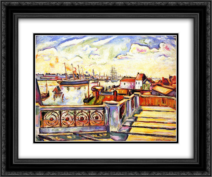 The Port of Anvers 24x20 Black Ornate Wood Framed Art Print Poster with Double Matting by Friesz, Othon