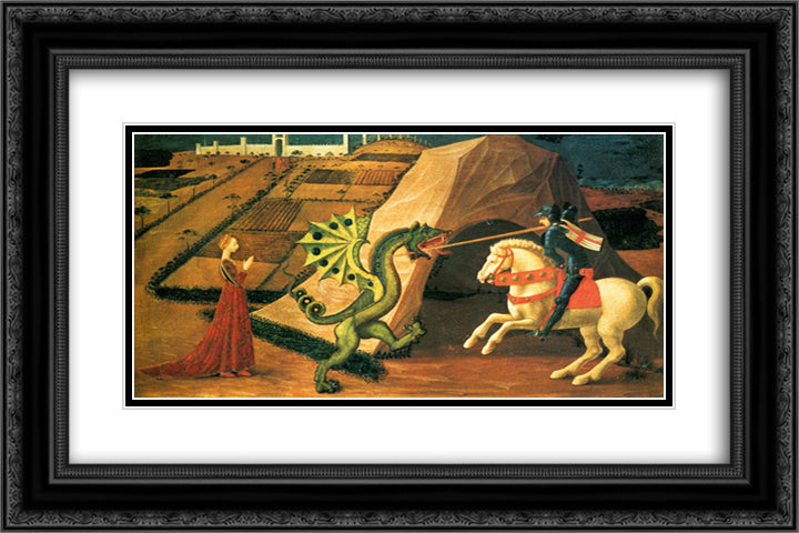St.George and the Dragon 24x16 Black Ornate Wood Framed Art Print Poster with Double Matting by Uccello, Paolo