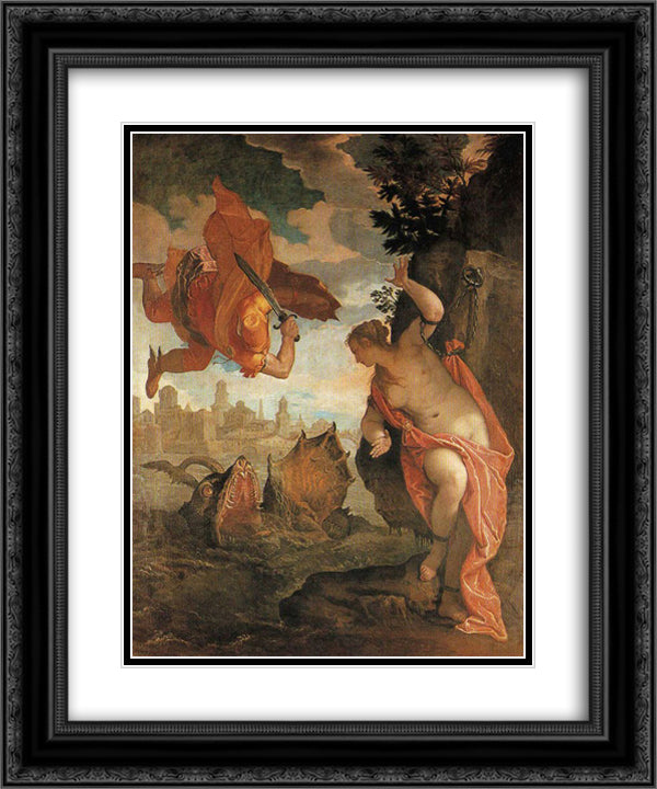 Perseus freeing Andromeda 20x24 Black Ornate Wood Framed Art Print Poster with Double Matting by Veronese, Paolo