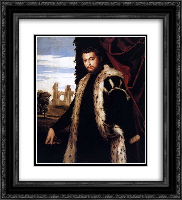 Portrait of a Young Man Wearing Lynx Fur 20x22 Black Ornate Wood Framed Art Print Poster with Double Matting by Veronese, Paolo