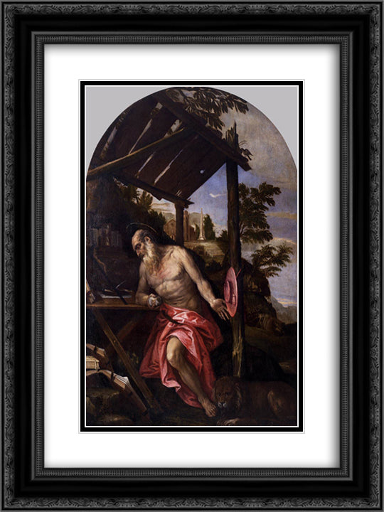 St Jerome 18x24 Black Ornate Wood Framed Art Print Poster with Double Matting by Veronese, Paolo
