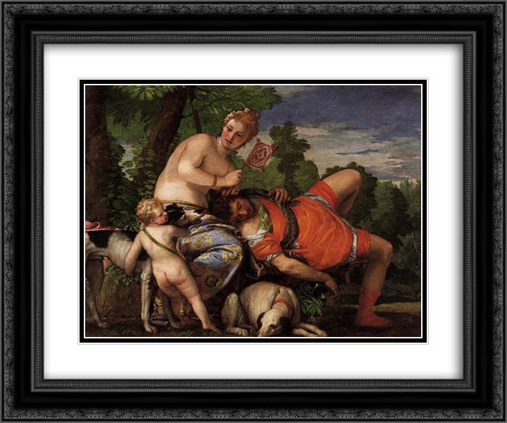 Venus and Adonis 24x20 Black Ornate Wood Framed Art Print Poster with Double Matting by Veronese, Paolo