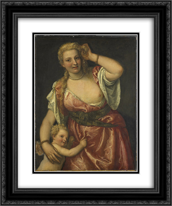 Venus and Amor 20x24 Black Ornate Wood Framed Art Print Poster with Double Matting by Veronese, Paolo