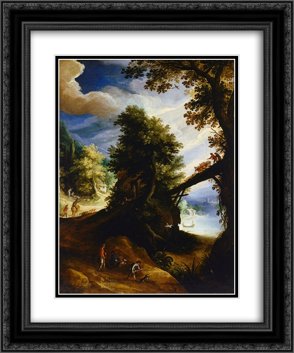 A wooded landscape with a bridge and sportsmen at the edge of the river 20x24 Black Ornate Wood Framed Art Print Poster with Double Matting by Bril, Paul