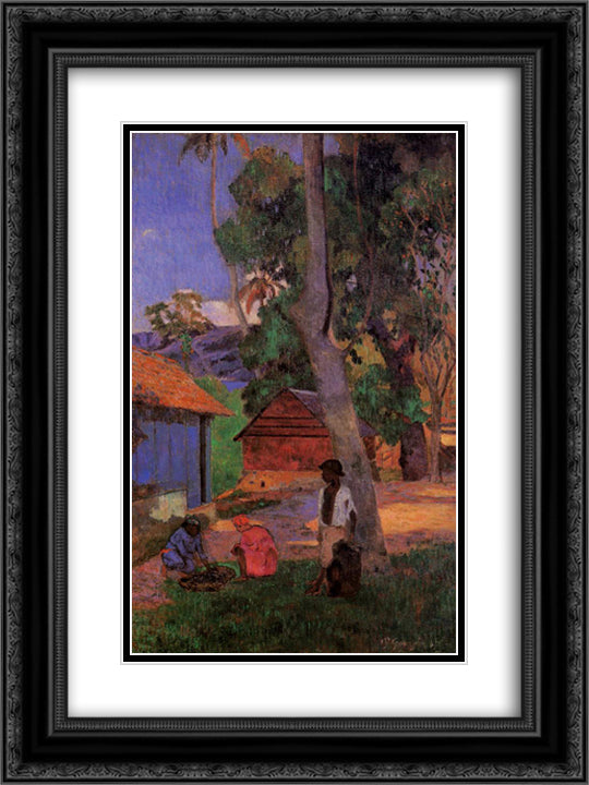 Around the huts 18x24 Black Ornate Wood Framed Art Print Poster with Double Matting by Gauguin, Paul