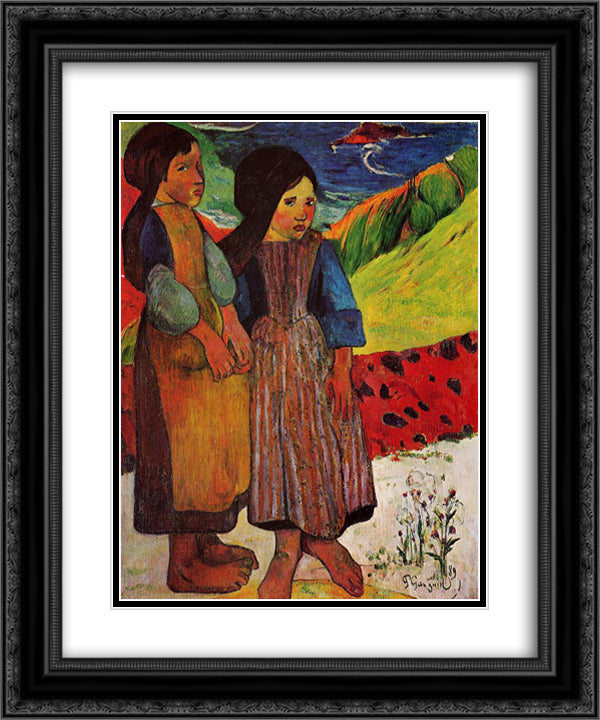 Breton Girls by the sea 20x24 Black Ornate Wood Framed Art Print Poster with Double Matting by Gauguin, Paul