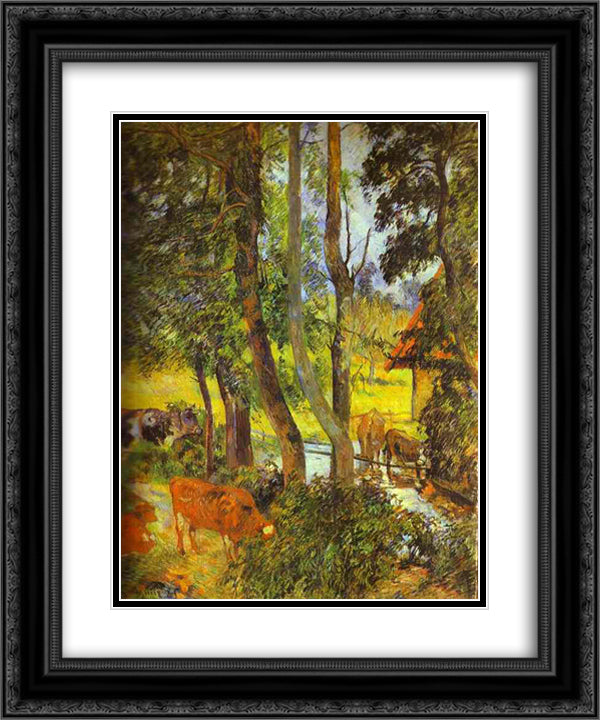 Cattle drinking 20x24 Black Ornate Wood Framed Art Print Poster with Double Matting by Gauguin, Paul