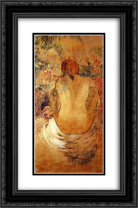 Crouching Tahitian woman 16x24 Black Ornate Wood Framed Art Print Poster with Double Matting by Gauguin, Paul