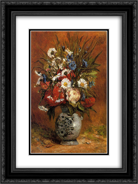 Daisies and peonies in blue vase 18x24 Black Ornate Wood Framed Art Print Poster with Double Matting by Gauguin, Paul