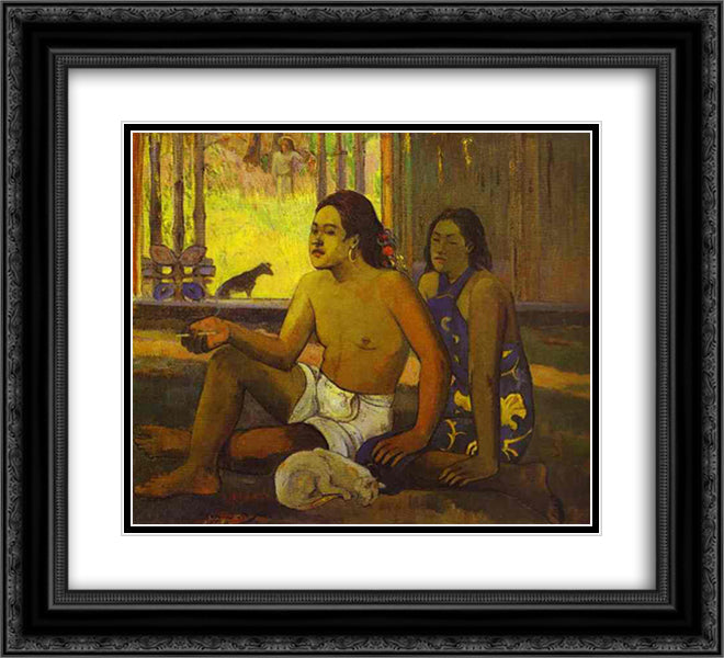 Eiaha Ohipa or Tahitians in a Room 22x20 Black Ornate Wood Framed Art Print Poster with Double Matting by Gauguin, Paul