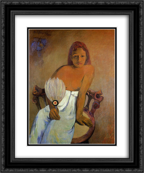 Girl with a Fan 20x24 Black Ornate Wood Framed Art Print Poster with Double Matting by Gauguin, Paul