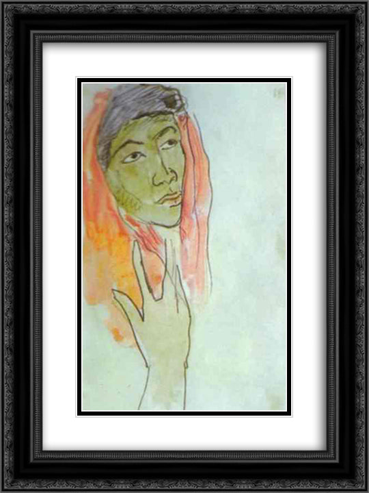 Head of a Woman 18x24 Black Ornate Wood Framed Art Print Poster with Double Matting by Gauguin, Paul