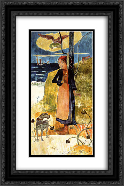 Jeanne d'Arc, or Breton girl spinning 16x24 Black Ornate Wood Framed Art Print Poster with Double Matting by Gauguin, Paul