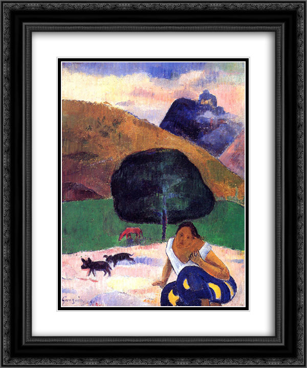 Landscape with black pigs and a crouching Tahitian 20x24 Black Ornate Wood Framed Art Print Poster with Double Matting by Gauguin, Paul