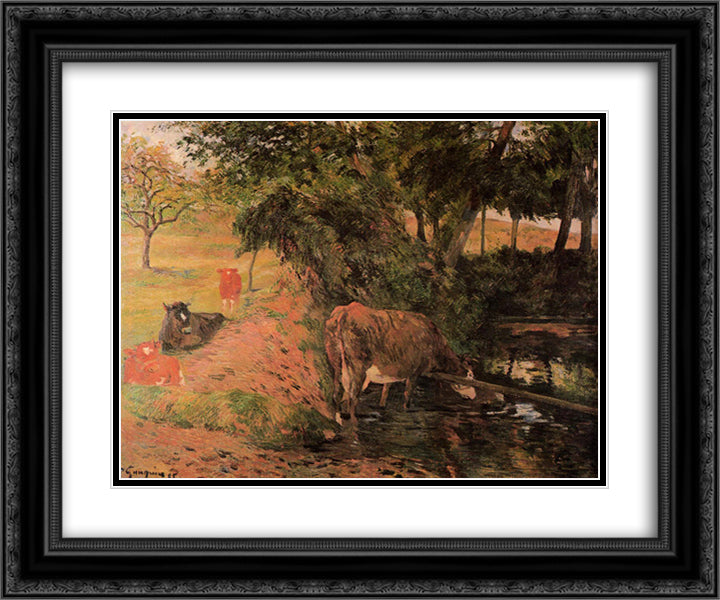 Landscape with cows in an Orchard 24x20 Black Ornate Wood Framed Art Print Poster with Double Matting by Gauguin, Paul