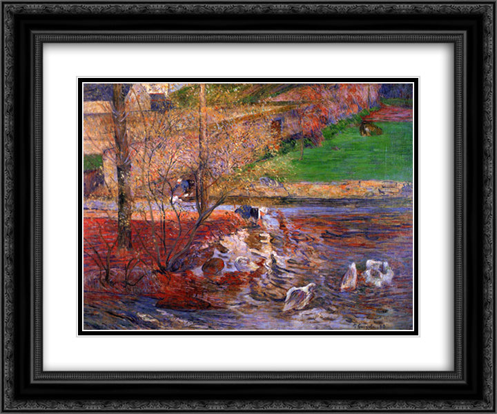 Landscape with geese 24x20 Black Ornate Wood Framed Art Print Poster with Double Matting by Gauguin, Paul