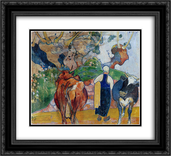 Peasant Woman and Cows in a Landscape 22x20 Black Ornate Wood Framed Art Print Poster with Double Matting by Gauguin, Paul