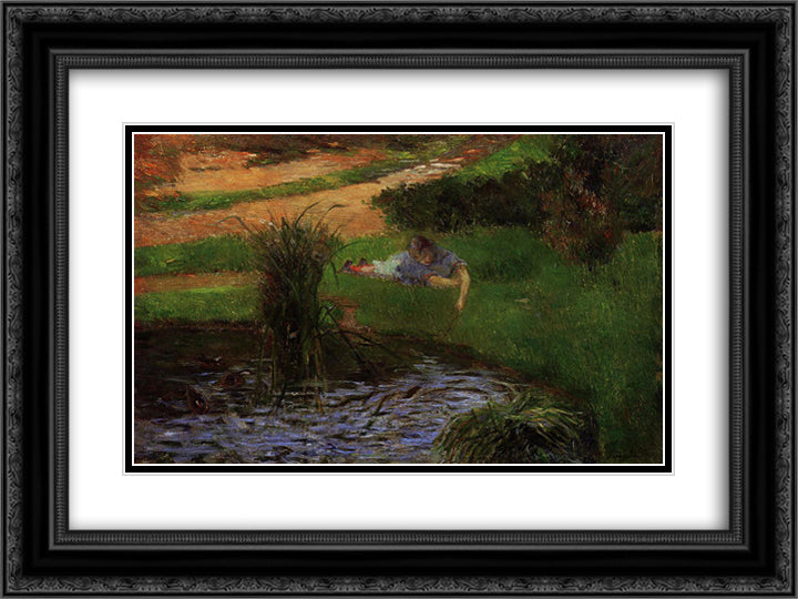 Pond with Ducks (Girl Amusing Herself) 24x18 Black Ornate Wood Framed Art Print Poster with Double Matting by Gauguin, Paul
