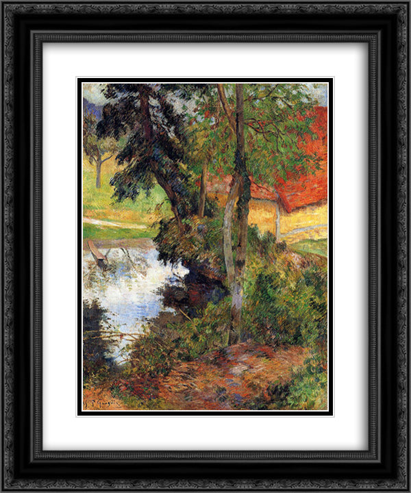 Red roof by the water 20x24 Black Ornate Wood Framed Art Print Poster with Double Matting by Gauguin, Paul