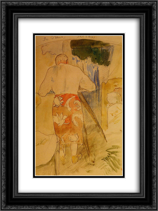 Self portrait, at work 18x24 Black Ornate Wood Framed Art Print Poster with Double Matting by Gauguin, Paul