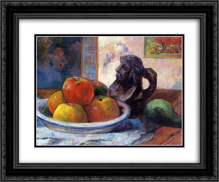 Still Life with Apples, a Pear and a Ceramic Portrait Jug 24x20 Black Ornate Wood Framed Art Print Poster with Double Matting by Gauguin, Paul