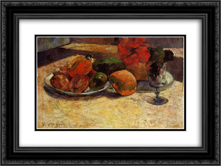 Still life with mangoes and hibiscus 24x18 Black Ornate Wood Framed Art Print Poster with Double Matting by Gauguin, Paul