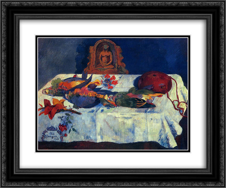 Still Life with Parrots 24x20 Black Ornate Wood Framed Art Print Poster with Double Matting by Gauguin, Paul