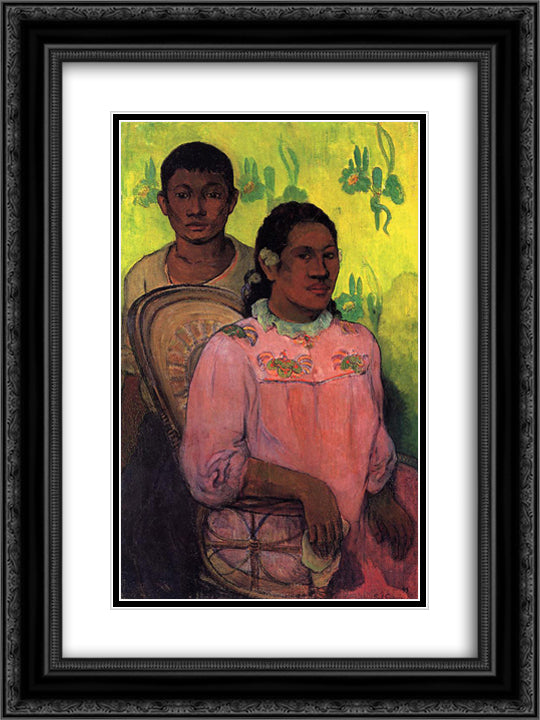 Tahitian woman and boy 18x24 Black Ornate Wood Framed Art Print Poster with Double Matting by Gauguin, Paul