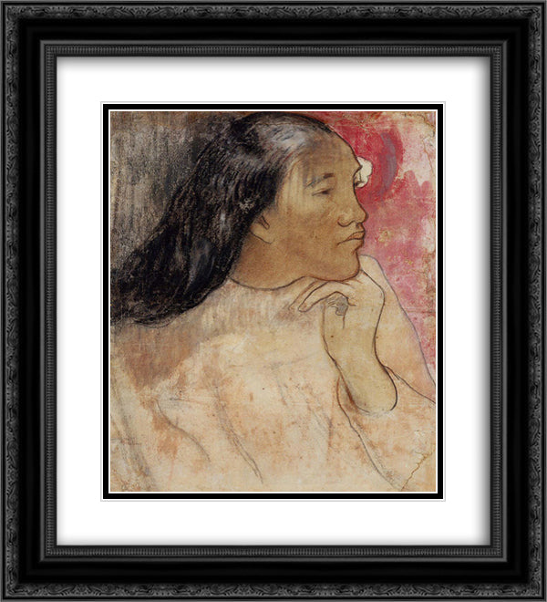 Tahitian woman with flower in her hair 20x22 Black Ornate Wood Framed Art Print Poster with Double Matting by Gauguin, Paul