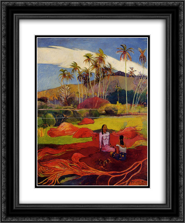 Tahitian women under the palms 20x24 Black Ornate Wood Framed Art Print Poster with Double Matting by Gauguin, Paul